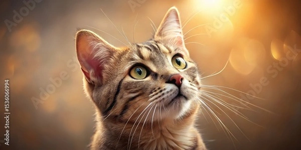 Obraz A Majestic Tabby Cat Gazes Upward, Bathed in Warm Golden Light, Its Whiskers Extending Outward, a Symbol of Grace and Beauty