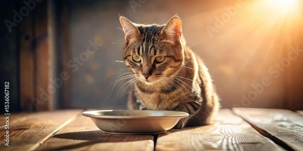 Obraz A Tabby Cat Patiently Awaits Its Meal in the Warm Golden Light of the Setting Sun on a Rustic Wooden Table