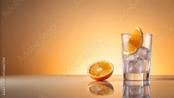 Obraz Refreshing citrus beverage with ice cubes in a glass against a warm background