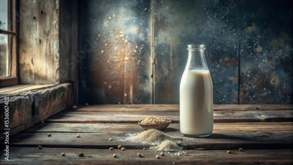 Obraz A Glass Bottle of Plant-Based Milk Sits on a Rustic Wooden Surface Near Bowls of Grains and Powders