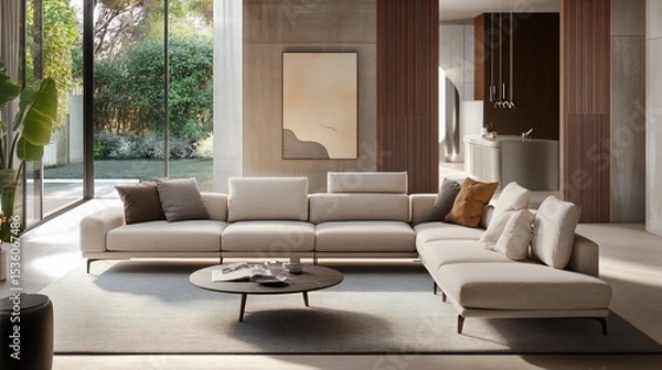 Fototapeta A modern living room featuring a large beige sectional sofa with a wooden coffee table and a view of a lush garden