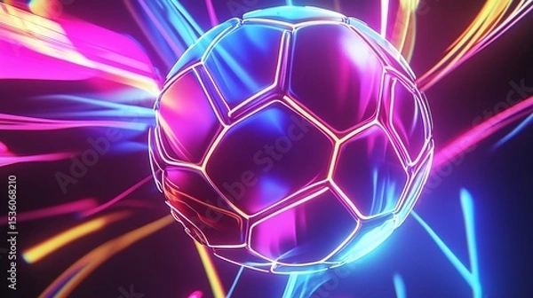 Fototapeta Abstract soccer ball with neon lights trails, futuristic design element and colorful background