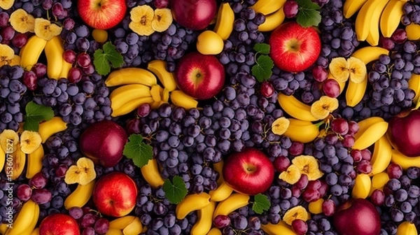 Fototapeta Abundant display of fresh fruits including red apples, yellow bananas, and purple grapes