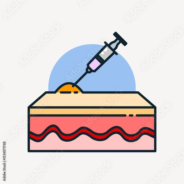 Obraz Medical injection icon showing a syringe injecting into the skin, illustrating treatment, vaccination, or dermatological procedures.