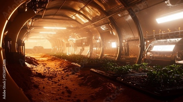 Fototapeta Futuristic hydroponic farm on Mars, growing fresh vegetables with artificial light in a tunnel