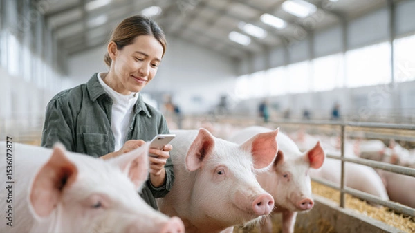 Fototapeta A woman uses her smartphone while observing pigs inside a spacious, well-lit modern pig farm.