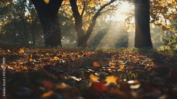 Fototapeta Sunlight filters through the trees in an autumn forest landscape with fallen leaves