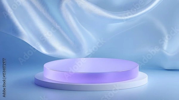 Fototapeta Elegant Purple Podium with Flowing Blue Fabric in a Minimalist Setting