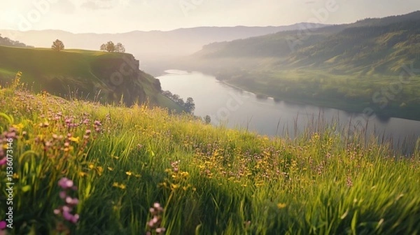 Fototapeta A serene landscape with a river, mountains, and a field of wildflowers at dawn
