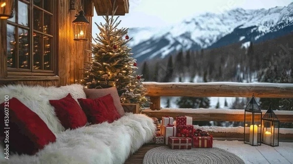 Obraz Cozy Christmas cabin porch with snowy mountain view