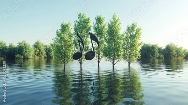 Obraz Flooded forest with musical notes. Lush trees rise above rising waters