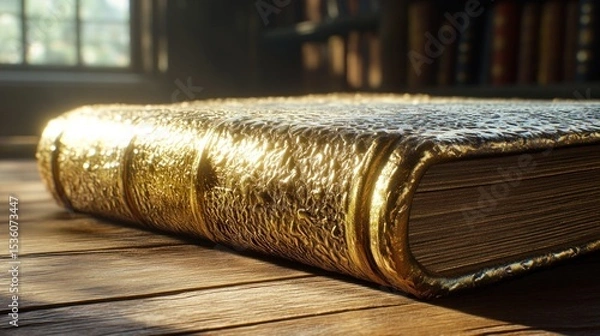 Obraz Ornate Gold-Bound Book on Wooden Table