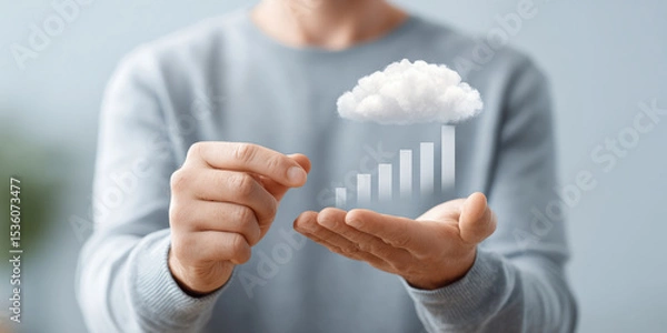 Fototapeta A person holds a digital bar graph with a cloud icon, symbolizing cloud computing and data growth.