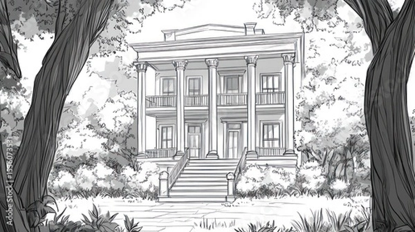 Obraz Sketch of Historic Mansion in Lush Garden