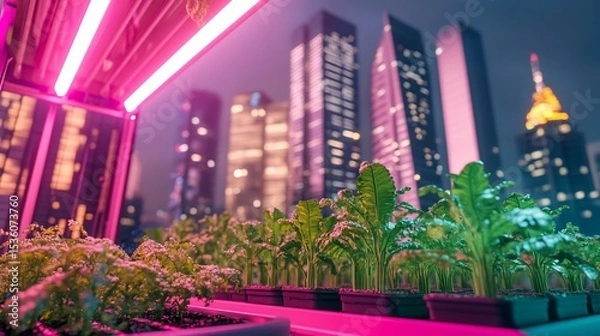 Fototapeta Urban farming with pink grow lights and city skyline in background at night 75 characters
