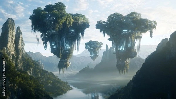 Fototapeta Floating Islands with Futuristic Buildings and Lush Vegetation amid Mountainous Terrain