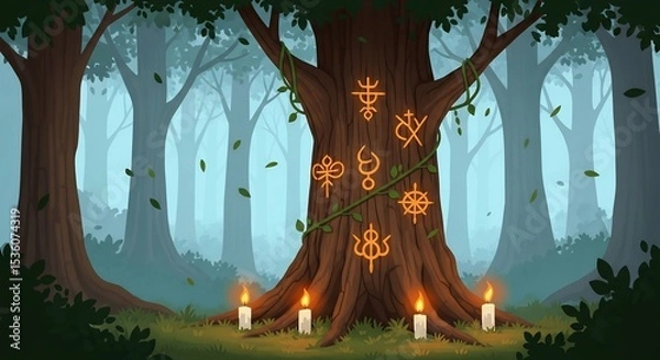 Fototapeta Enchanted Forest Altar with Glowing Symbols, Candle Light Ceremony and Mystical Tree Magic