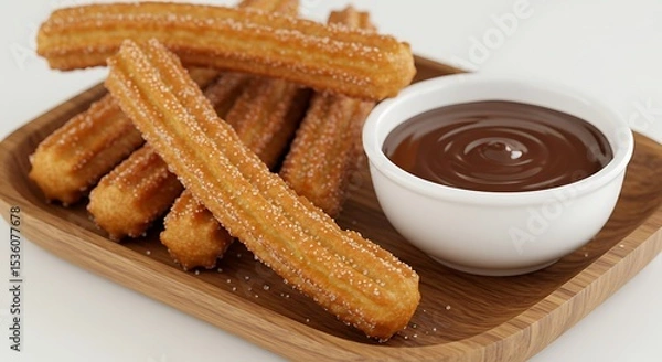 Obraz Fresh Golden Churros with Chocolate Dipping Sauce Served on Wooden Board