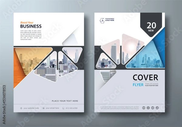 Fototapeta Blue and orange annual report, flyer  template, leaflet presentation, book cover templates, layout in A4 size