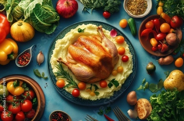Fototapeta Beautiful advertising composition of turkey meat served with creamy mashed potatoes and vibrant vegetables, photorealistic 8k --ar 62:41 --v 6.1 Job ID: a9f583c0-6227-46fb-8815-bebc9cb20e7e
