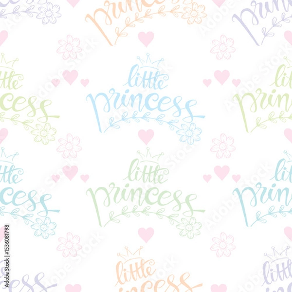 Fototapeta Seamless pattern with  little princess hand lettering poster quote on white background