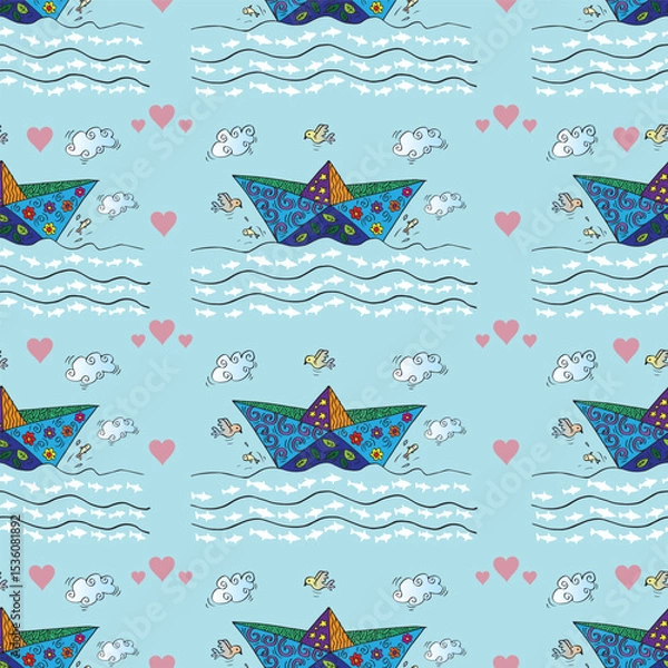 Fototapeta Seamless pattern with origami boats and clouds, vector illustration