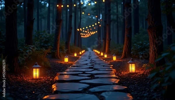Fototapeta Stone pathway with glowing lanterns and string lights in dark forest at night
