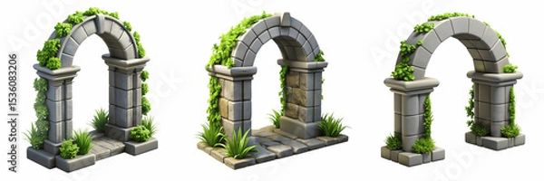 Obraz Set For Three stone arches with ivy isolated on transparent background