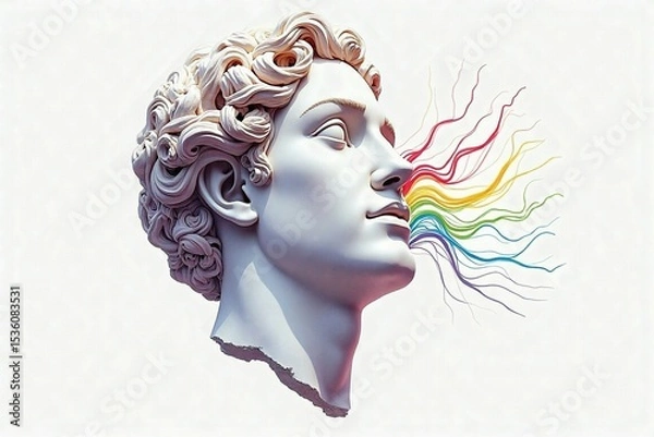 Fototapeta pastel weird hand drawn illustration of classical sculpture fragment of colossal head with psychedelic colorful lines flowing