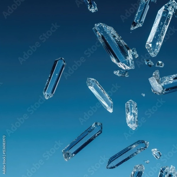 Fototapeta Shimmering Crystals Floating in Air with Soft Blue Background