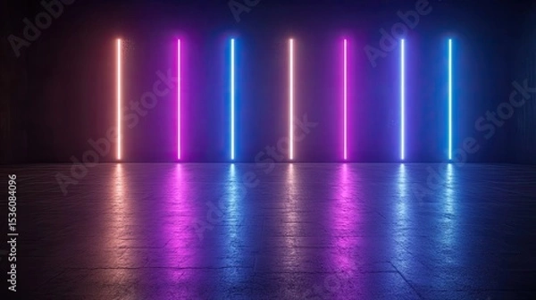 Fototapeta Neon Lights in Dark Room with Reflections on Wet Floor Surface