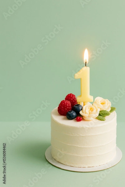 Obraz Little white birthday cake with burning candle