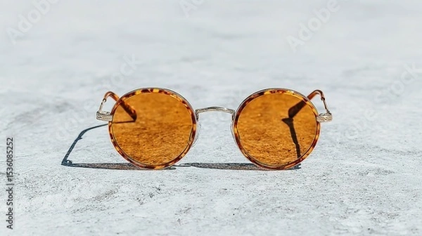 Fototapeta Round amber-tinted sunglasses rest on a light gray surface.