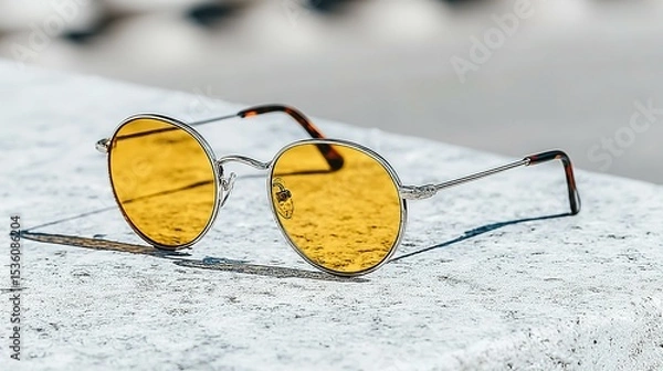 Fototapeta Round sunglasses with amber lenses resting on a light-gray surface.