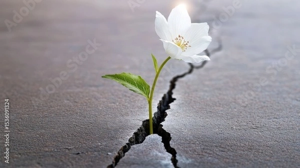 Obraz White Flower Emerging from Cracked Grey Ground