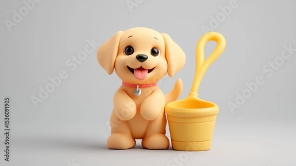 Obraz Adorable 3D Rendered Cartoon Puppy with Yellow Bucket