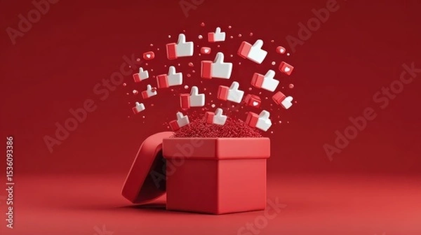 Fototapeta 3D red gift box exploding with large thumbs up icons flying out on a vibrant red background.
