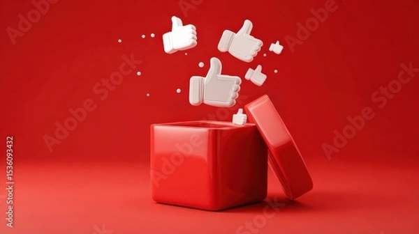 Fototapeta 3D red gift box exploding with large thumbs up icons flying out on a vibrant red background.
