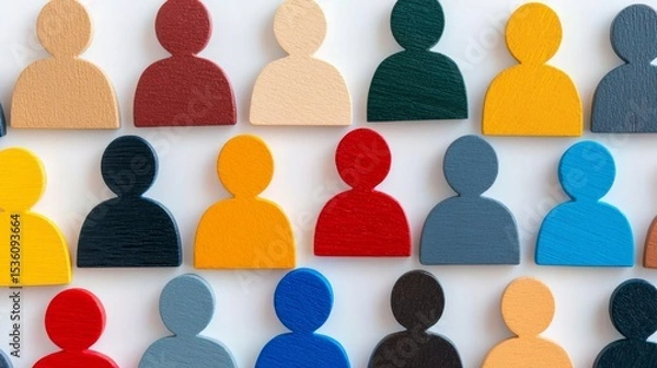 Fototapeta Colorful wooden figures representing people arranged in rows on a white background.