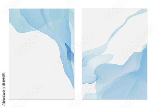 Obraz Minimalist abstract background, flowing forms with a translucent watercolor effect in shades of blue on a light gray background