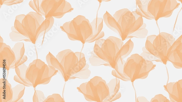Obraz Floral seamless pattern features translucent magnolia flowers in shades of orange on a soft yellow background. The flowers have a painterly, slightly abstract quality