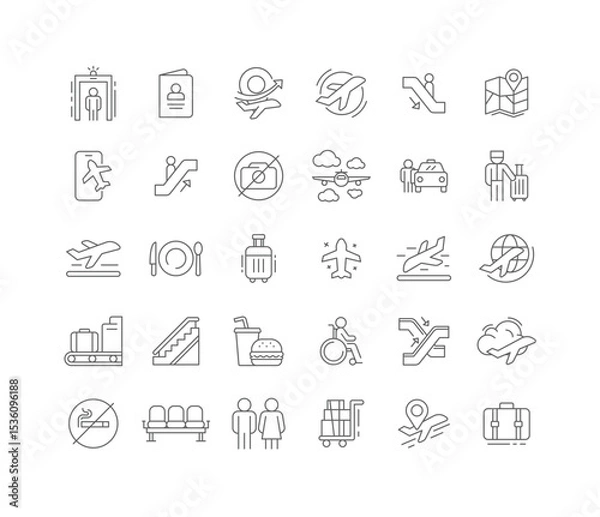 Obraz Airport Travel Essentials Icon Set for Terminals Transportation Boarding Check in and Passenger Services in Outline Style with Editable Stroke