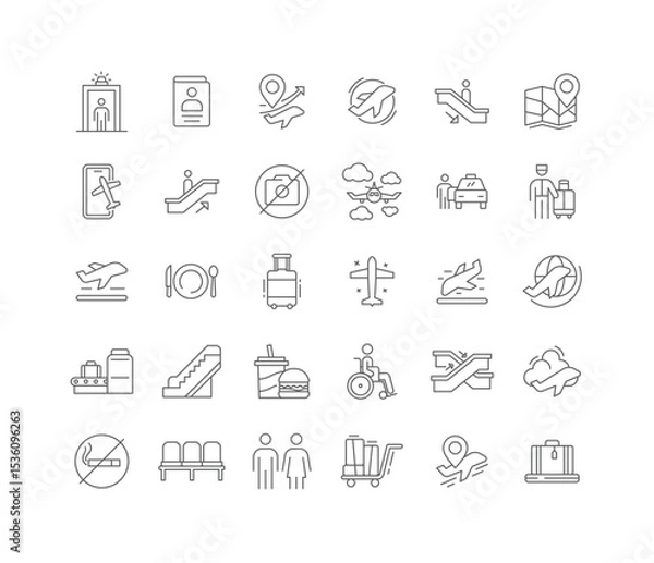Obraz Editable Stroke Thin Line Icons of Airport Journey Including Departure Arrival Passport Luggage Transport Security and Terminal Elements