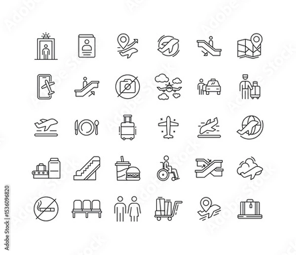 Obraz Line Style Icons of Airport and Airline Services Including Airplane Navigation Passport Taxi Luggage and Departure Arrival Travel Symbols