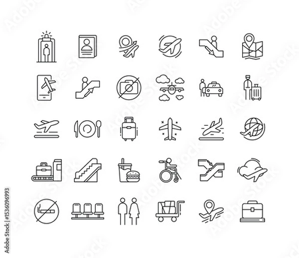 Obraz Thin Line Airport Icon Collection Featuring Travel Airplane Luggage Terminal Navigation Boarding Security and Passenger Symbol Elements