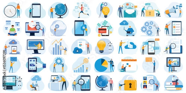 Obraz set vector illustration design concept. business cartoon character working activity. social network, and online video meetings. Artificial Intelligence. development team working. financial investment.