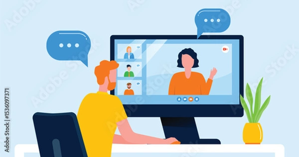 Obraz business people connecting online with teleconferences and video conferences for online meetings, learning remote working and work from home concept. flat vector illustration design
