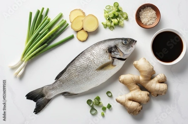 Obraz High-end advertising image of steamed fish ingredients: fresh 