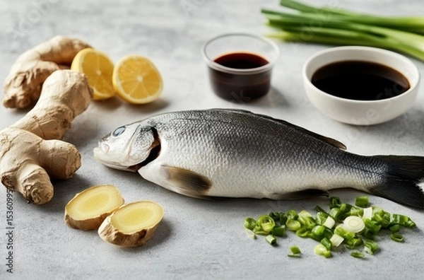 Obraz High-end advertising image of steamed fish ingredients: fresh 