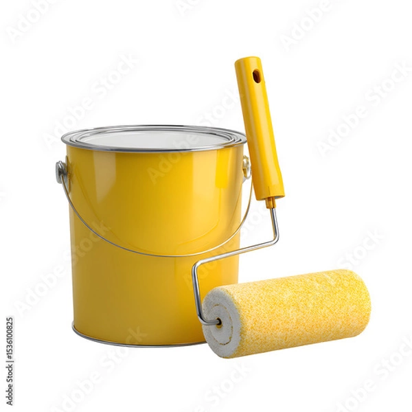 Obraz Yellow paint bucket and roller